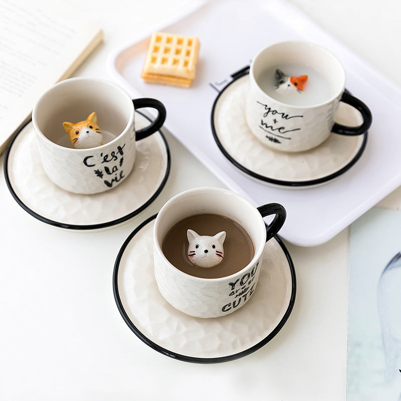 Cute Cat Relief Ceramics Mug With Tray
