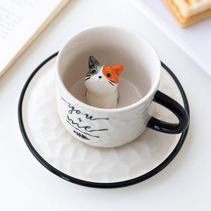 Cute Cat Relief Ceramics Mug With Tray